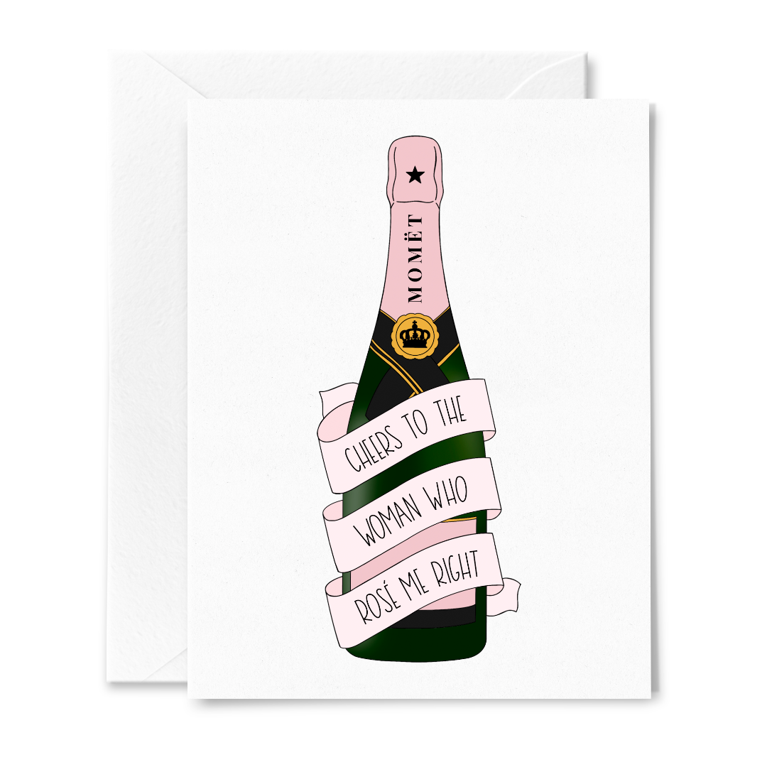 Rose Champagne Bottle Cheers Birthday Card