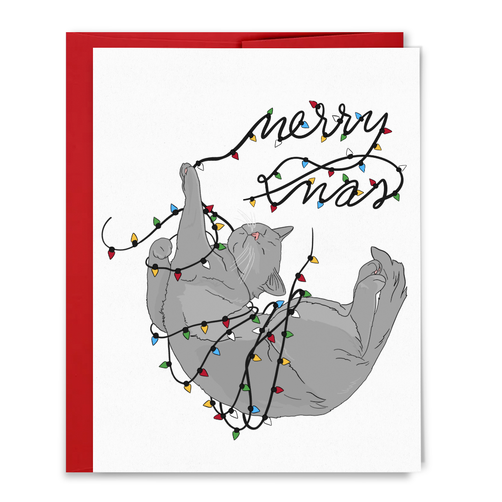 Merry Christmas Cat Wrapped in Christmas Lights Holiday Card