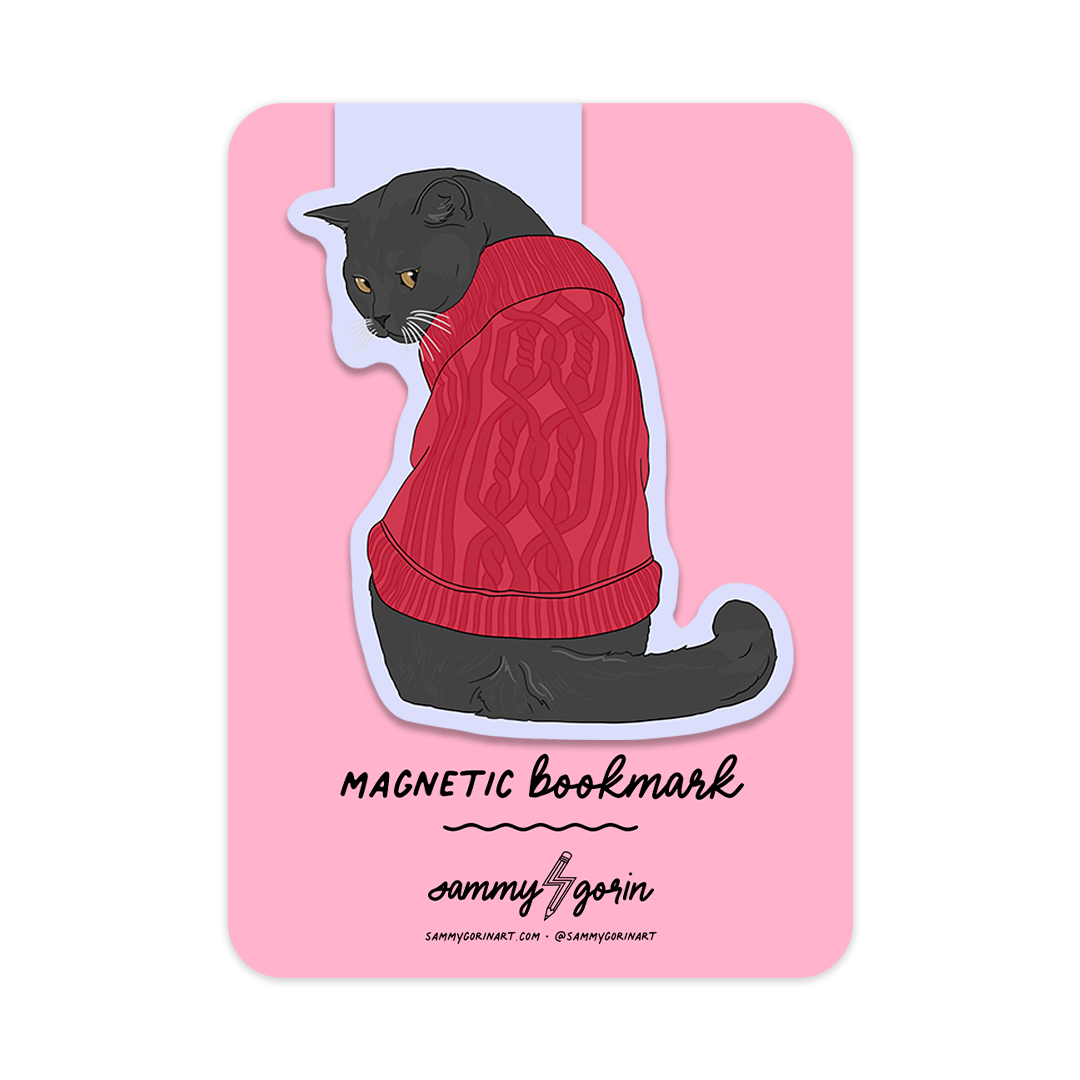 Cozy Cat in Red Sweater Magnetic Bookmark